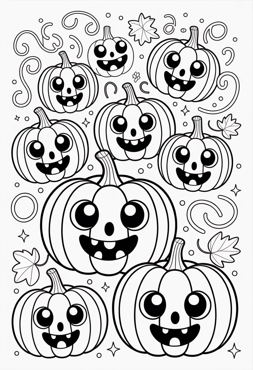 Halloween Coloring Pages Cute Collection of 20 Fun and Easy Designs 23 Several smiling Halloween pumpkins with happy faces surrounded by curling vines and leaves.
